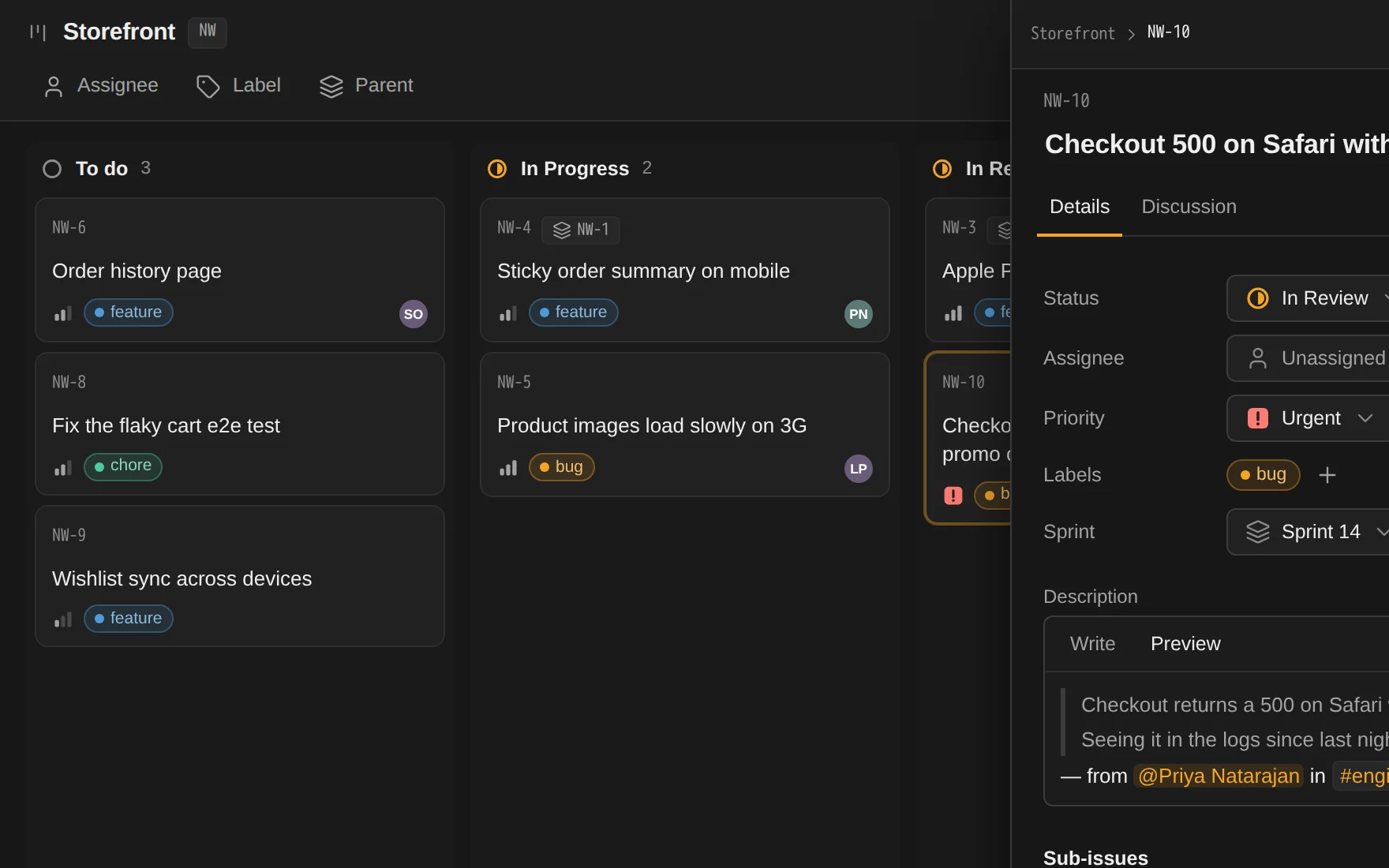 The Storefront board with issue NW-10 open: status, priority, sprint, and the conversations that mention it.