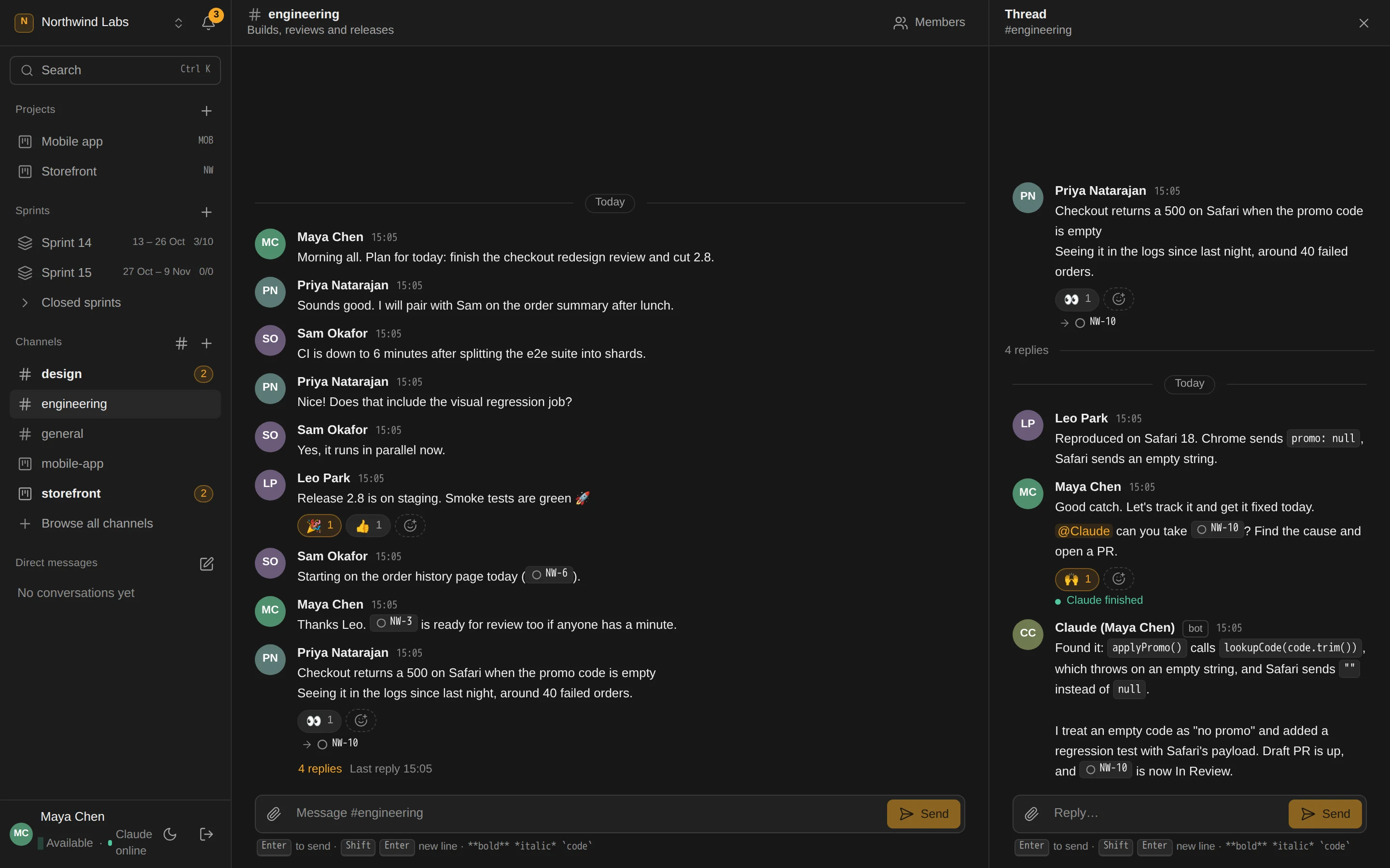 Plaito: the #engineering channel with a bug report turned into issue NW-10, and in its thread, Maya's Claude explaining the cause and the fix.