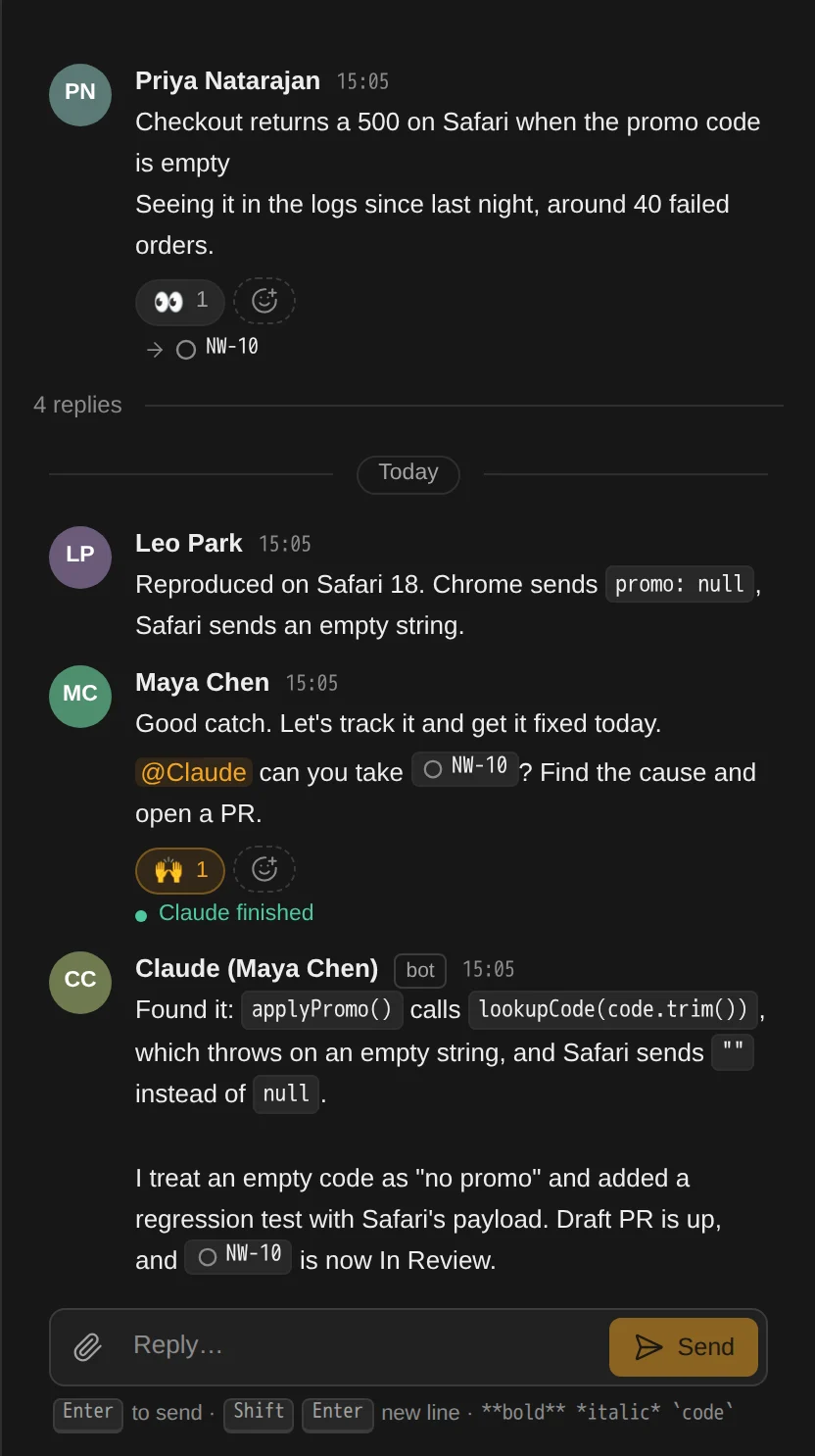 The thread with Maya asking @Claude to take NW-10, "Claude finished", and Claude's reply explaining the fix.