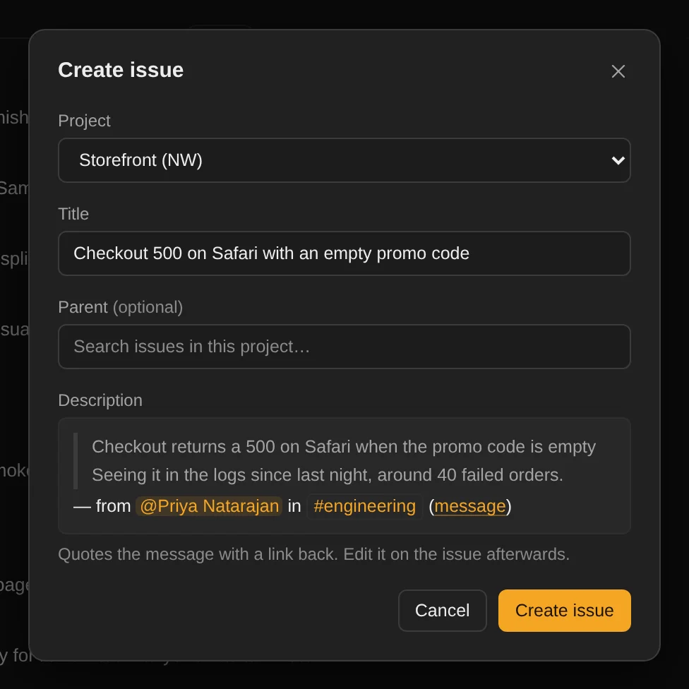 The "Create issue" dialog with project Storefront, a title, and the message quoted as the description.